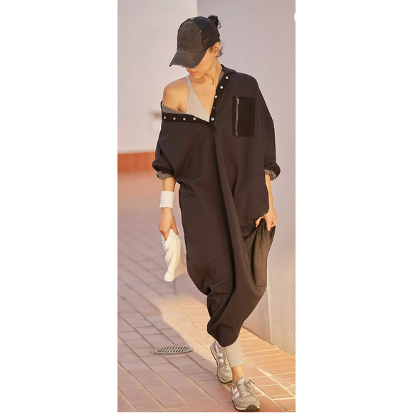 FREE PEOPLE FP MOVEMENT BLACK BLOCK PARTY SWEAT MAXI PULLOVER SWEATSHIRT DRESS L - Picture 1 of 8